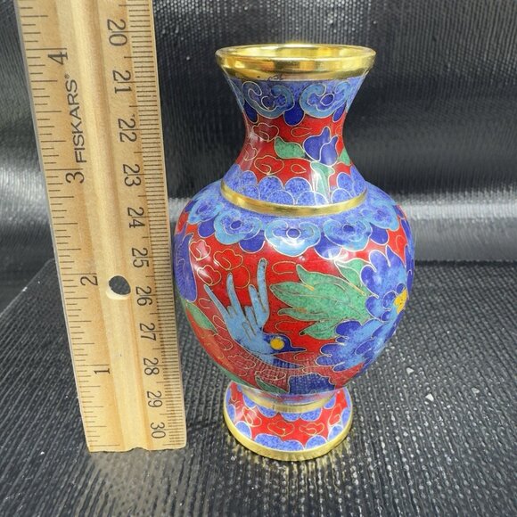 Vintage Chinese Cloisonne Vase Vessel Bud Vase Blue Red Bird Flowers Metal VTG - Picture 3 of 12